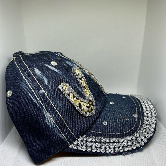 VIP Rhinestone Denim Baseball Cap – Bling Studded Jeweled Hat - Picture 3 of 5